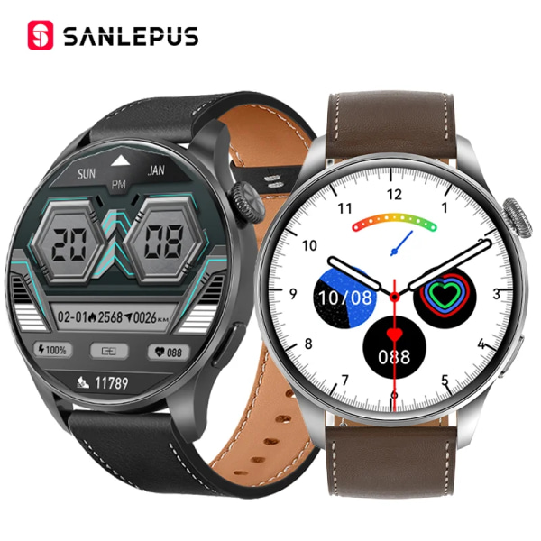 SANLEPUS New Business Smart Watch NFC Smartwatch för män Bluetooth Call Fitness Tracker Health Monitor Vattentätt armbandsur Gold Brown Leather