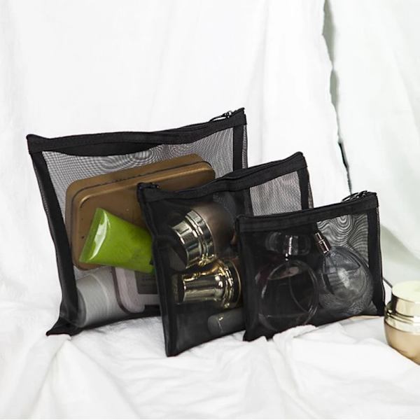 1 STK Kvinnor Nödvändig Kosmetikväska Transparent Mesh Dragkedja Organizer Mode Liten Stor Svart Toalettpåsar Case Black4 M