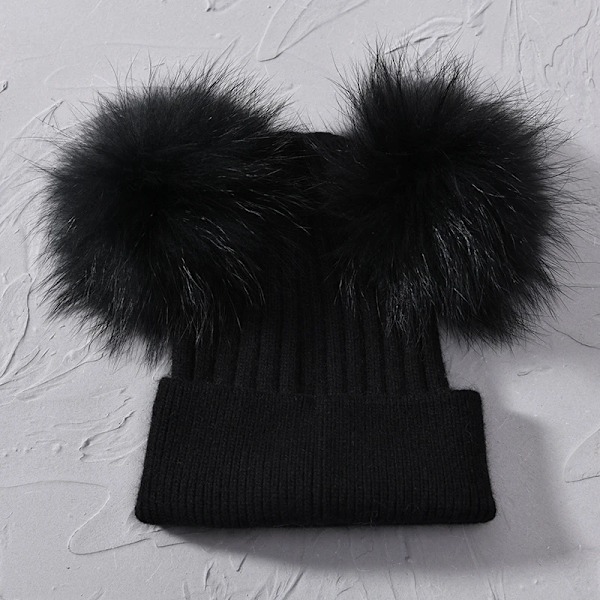 Dubbel Pompom-mössa för kvinnor, vintermössor, stickade mössor, mössor, beanies, flickor, två pompom-mössa Black match fur