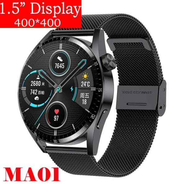 Ny Smart Watch Herr Android GT3 IP68 Vattentät NFC Smartwatch Trådlös Laddning Bluetooth Ring Herr Watch för Black Mesh smart watches