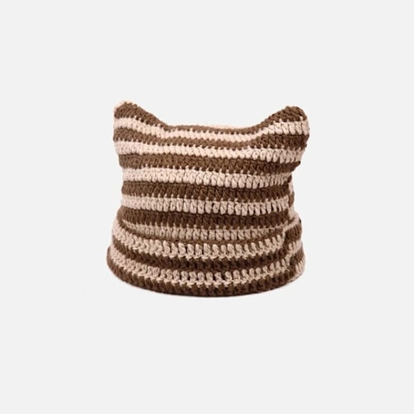 Japansk Streetwear Harajuku Beanie Hatt Liten Djävul Randig Stickad Hatt För Kvinnor Flickor Höst Vinter Söta Kattungeöron Mössa style 02- coffee