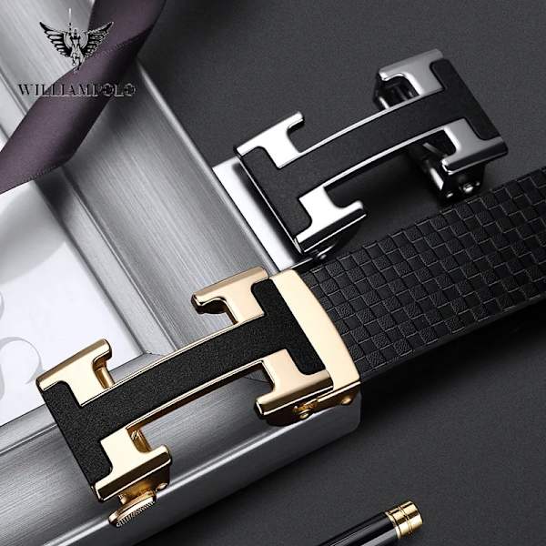 WILLIAMPOLO Herrbälte Herr Högkvalitativt Läderbälte Herr Herrband i äkta läder Lyxigt Automatiskt spänne Modejeans Gun color-22475 110cm