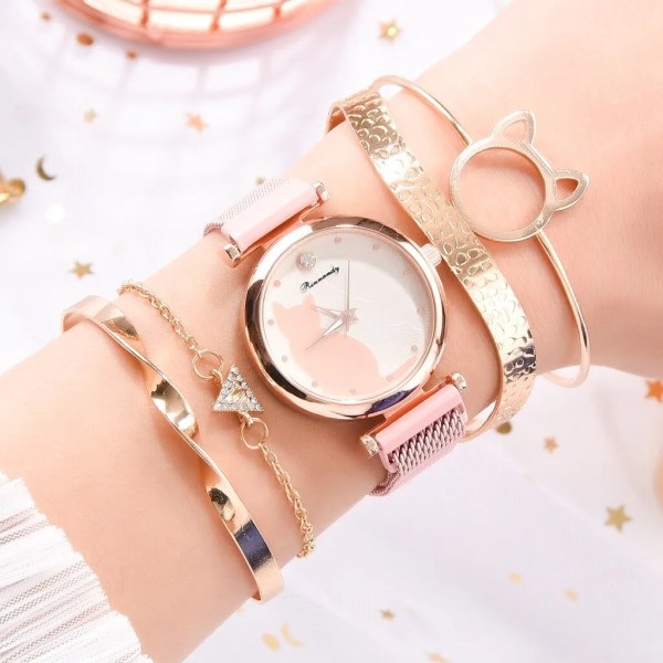 Watch 5 st Quartz Set Mesh Armband Cat Dial Lyx Watch Casual Damklocka med set Pink Set