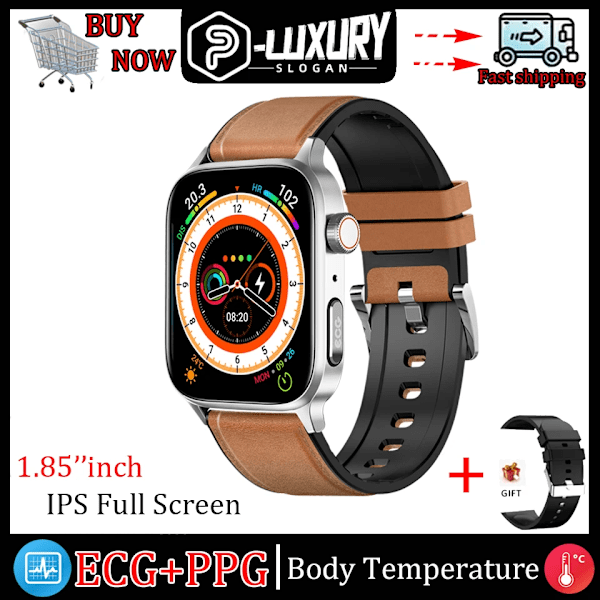 Ny icke-invasiv watch för blodsocker Män Röstringning Armbandsur Kroppstemperatur Stresstest EKG+PPG NFC Smartklocka Brown belt