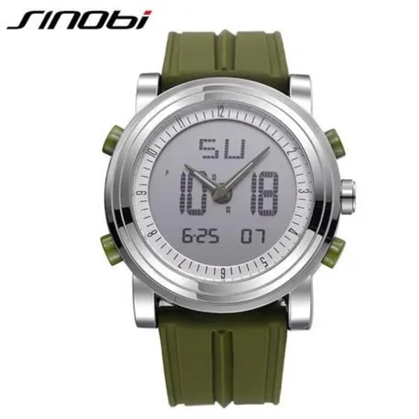 SINOBI Digital Alarm Chronograph Watches for Lovers' Quartz 2 Movement Date Sport Gummi Herr- och Watch Montre Hhomme green silver