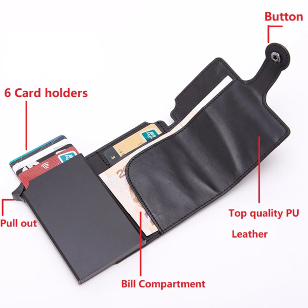 Pop-up RFID svart plånbok ID- case Herr RFID-knapp Kreditkortshållare Högkvalitativ metall aluminium auto myntväska Black