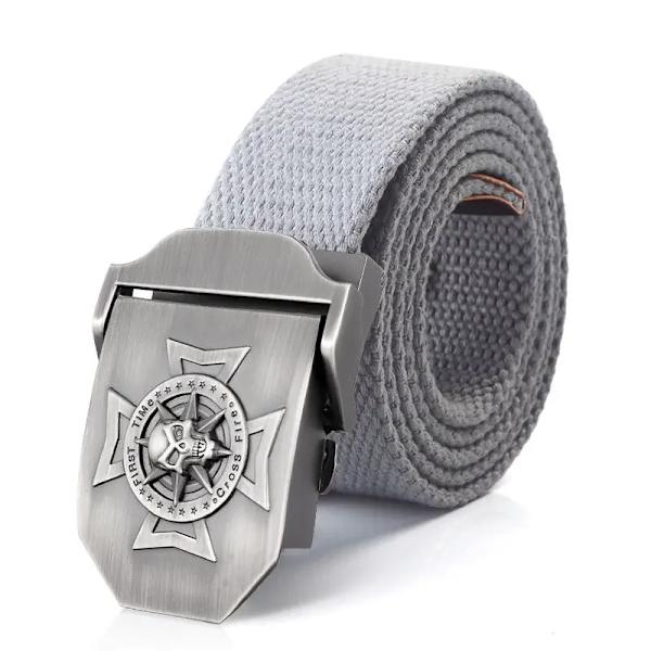 BOKADIAO Herr & Kvinnor Militär Canvas bälte lyxigt midjeband Skalle Cross Metal spänne jeans bälte Army taktiska bälten för manlig rem Gray 100cm
