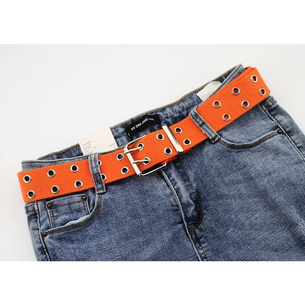 Dubbel genomföring Hål Spänne Bälte Bred Canvas Webbbälte Kvinna Man Svart Röd Vit Midjerem Bälten för Kvinnor Herr Jeans Orange 105X3.8cm