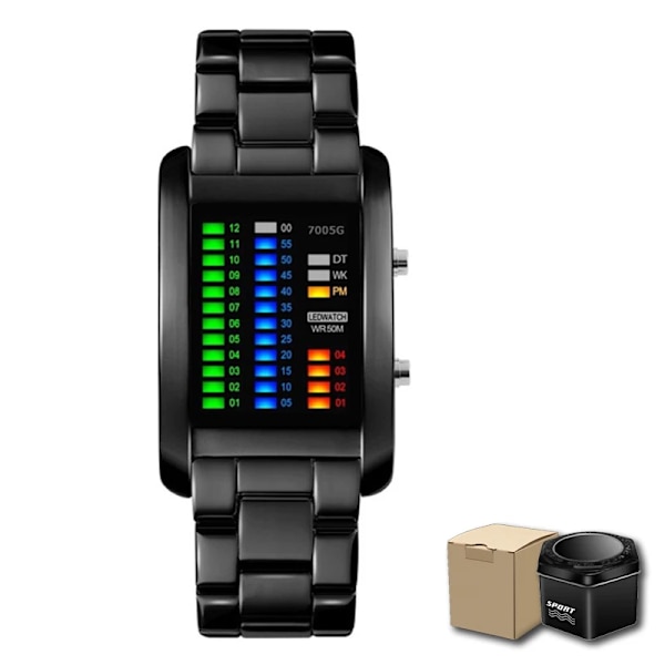 Binära watch resistenta klockor män 3ATM vattentät larm Chrono rektangel urtavla Canlender svart ljus tuff struktur Black With Box