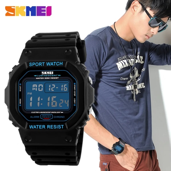 SKMEI Digitala Herrklockor Chrono Alarm Kalender Watch 5Bar Vattentät Man Elektronisk Klocka relogio masculino 1134 blue with Box