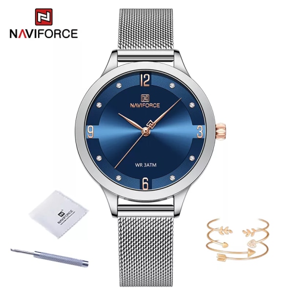 NAVIFORCE modeklockor för kvinnor högkvalitativ kvarts damklocka Mesh rostfritt stål Sliver blå vattentät damarmband SBE