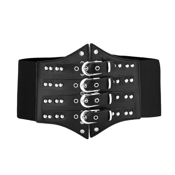 Vintage dam konstläder midjekorsett Elastiskt brett bältesband Enfärgad midjeband för kvinnor daglig kappa klänning Black