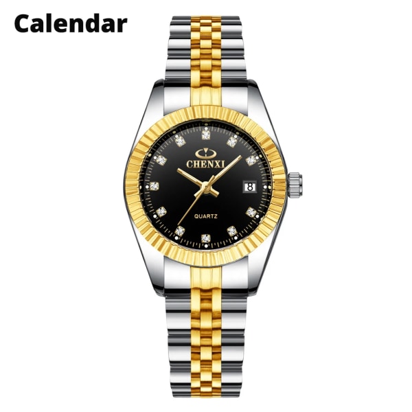 CHENXI Dam Guld & Silver Klassisk Quartz Watch Dam Elegant Klocka Lyx presentklockor Dam Vattentät Armbandsur 004A Calendar Black