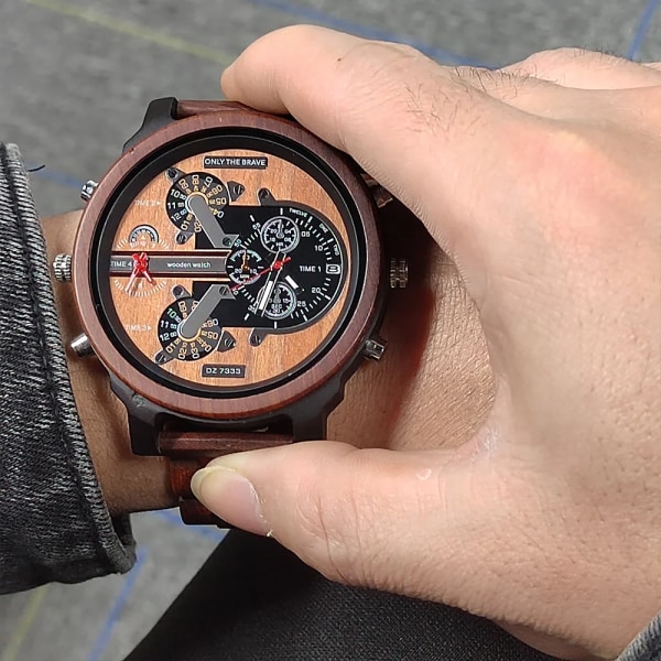 Stor watch av trä, Herrklockor, Dual Time, Chronograph timepiece Sport Wood Watch för Man, montre hommes Red sandalwood
