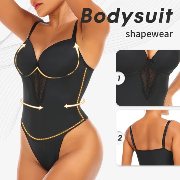 T-string Trosor Spets kroppsformande Bygel-bh Deep V Body Lifting Höftunderkläder Waist trainer Body Shaper Shapewear Black XXXL