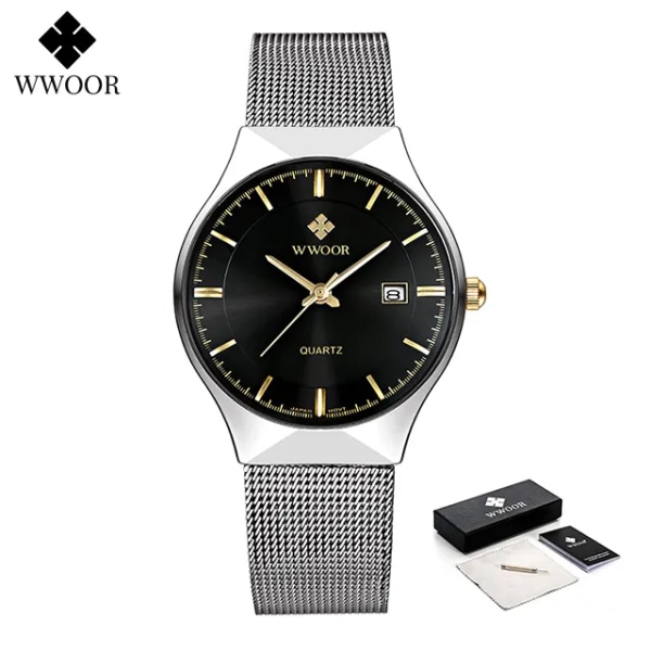 WWOOR Silver Herrklockor med Mesh Stål Topp Märke Lyx Ultra Tunn Kvarts Vattentät Date Business Armbandsur Box Montre Homme silver black box