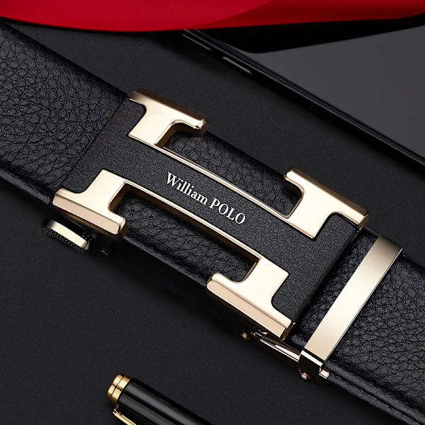 WILLIAMPOLO Herrbälte Herr Högkvalitativt Läderbälte Herr Herrband i äkta läder Lyxigt Automatiskt spänne Modejeans Gold-20574 120cm