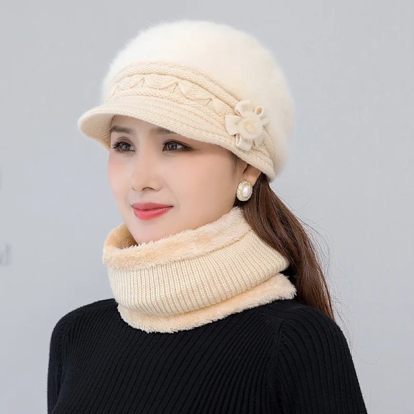 Ny vintermössa Tjock varm stickad mössa Halsduk Vantar 3-delars set för kvinnor Elegant blommig basker Utomhus Skidåkning Ridhjälm beige hat