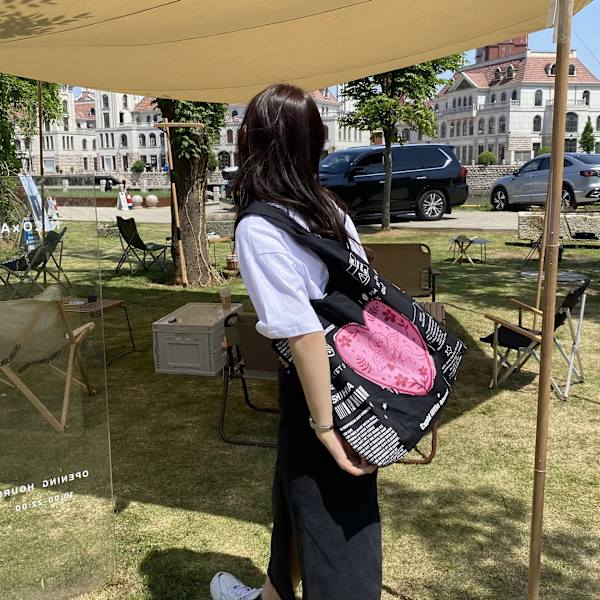 Cupid Kvinnor Canvas Axelväskor Flickor Bomullstyg Shoppingväska Eco Handväska Studentböcker Väska Damer Stor mataffär Shopper Tote Cupid Black
