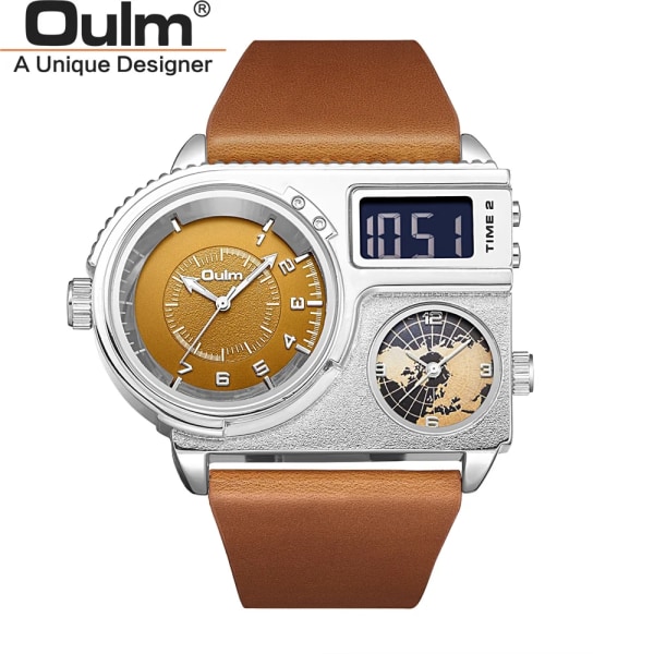 Oulm 5026 New Dual Display Två tidszon Watch Man Big Dial Quartz Clock Timmar Herr Armbandsur i äkta läder silver brown