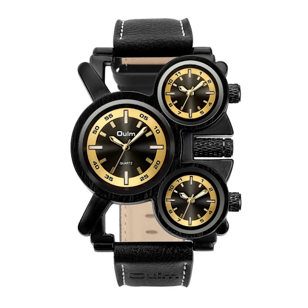 Punk stil män klockor Oulm 1167 New Retro Man Quartz Watch Unik 3 Tidszon Quartz Clock Läder Man Military Armbandsur black gold