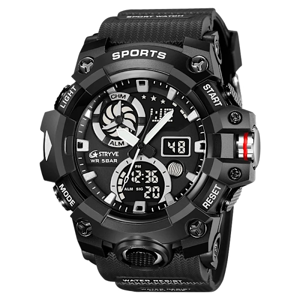 STRYVE Märke Herr Sportklockor Dual Display Analog Digital LED Elektronisk Quartz Armbandsur 50m Vattentät Watch 8027 Transparency red