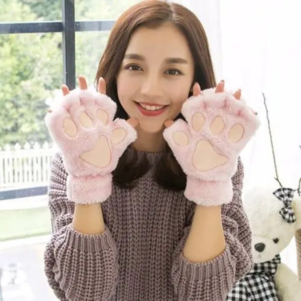 Söt Cat Paw Fluffy Claw Fingerlösa handskar Varm Mjuk Plysch Fingerlös Panda Handske Halvfinger Kvinnor Vinterkläder Julklappar Pink-A One Size