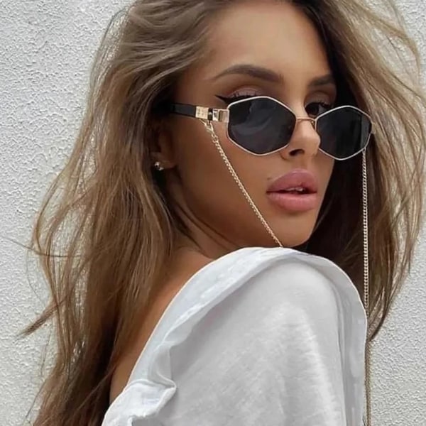 Punksolglasögon med glasögonkedja Märkesdesigner Retro solglasögon Kvinnor Unika polygonglasögon manlig nyans Oculos De Sol D9 chain sunglasses Other