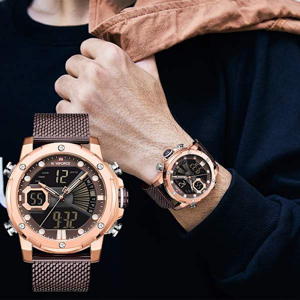 NAVIFORCE Originalklockor för män Lyxmärke Quartz Dual Display Militär watch Mesh stålband Vattentät klocka BGYB BOX