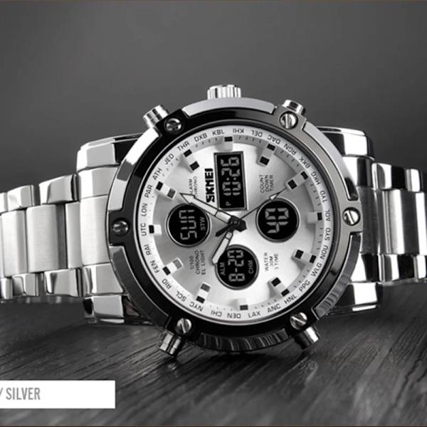 Herrklockor Dual Display LED Digital Vattentät Full Steel Quartz Watch Herrklocka Lyxmärke Relojes SKMEI 2018 Black