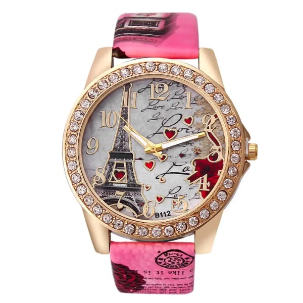 Kvinnor Stora Klockor Mode Lyx Kristall Paris Eiffel Tower Klockor Kvinnor Läderband Quartz Armbandsur Casual Damklockor red