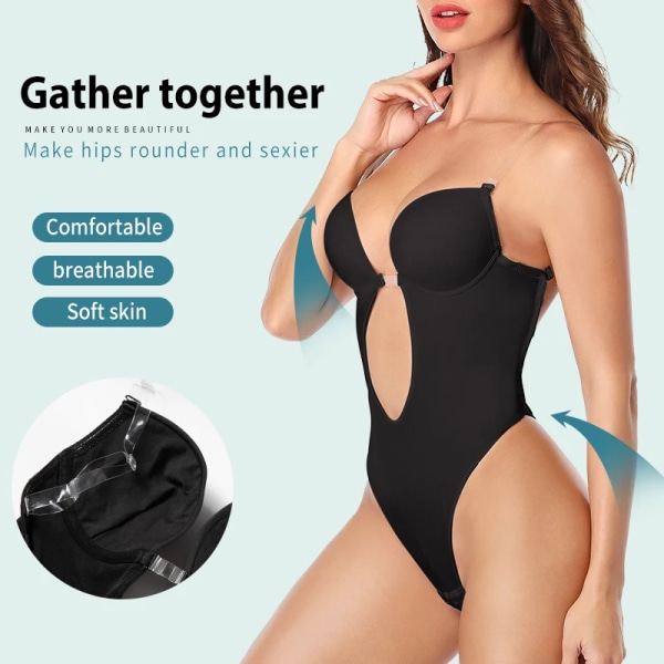 Sexig Djup V-hals Rygglös Body Shaper BH Body String String Shapewear Dam Naken Svart Osynlig Magkontroll Underkläder Bröllop Black M