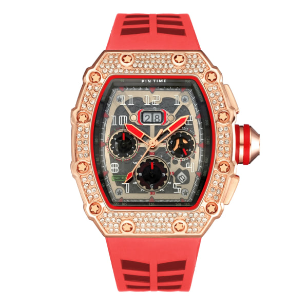 PINTIME Watch Sport Silikonrem Casual Quartz Armbandsur Vattentät 30m Brand Chronograph Calendar Luminous Dail Clock Red Black  box