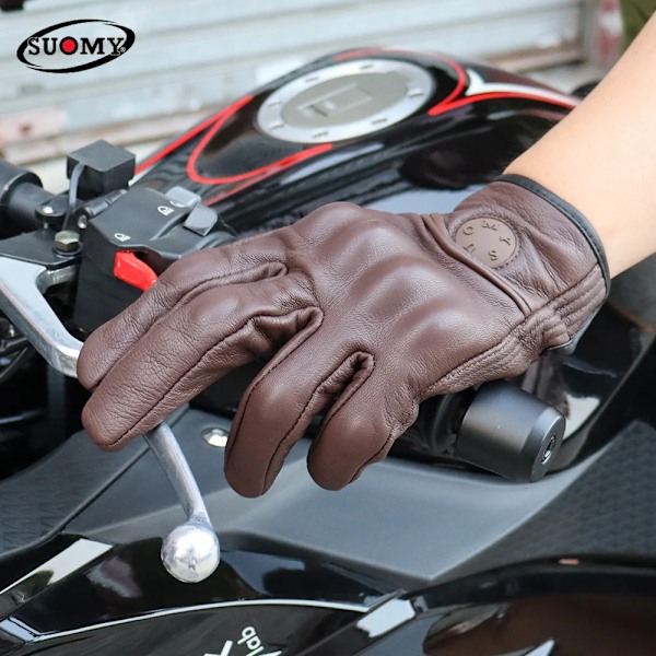 Suomy Vinatge Getläder Motorcykelhandskar Sommar Herr Perforerade Retro Läder Motorcykel Motocross Handske Dam Motorcyklist Guantes SU33  Red M