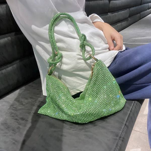 Mode Rhinestones Evening Clutch-väska för kvinnor Glänsande middagsfest Bröllopsväska Handväska Designer Kvinnlig underarmsaxelväska Green 34X16CM