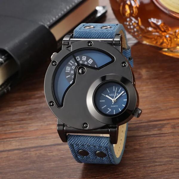 Mode Cowboy Blue Denim Klockor Herr Sportklockor 2 Tidszon Läderrem Quartz Armbandsur Man Watch Relogio Masculino Black