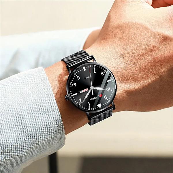 Nya klockor män lyxmärke 6 mm ultratunna mode män klockor rostfritt stål Mesh bälte Lysande vattentät kvarts watch Black