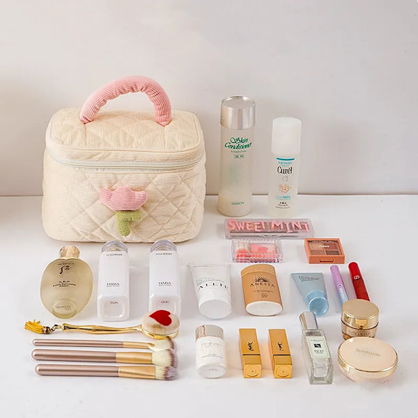 1 Set Enfärgad Blomma Makeup Bag Set Dragkedja Stor Mjuk Manchester Kosmetikväska Kvinnlig Resesmink Case Set pink