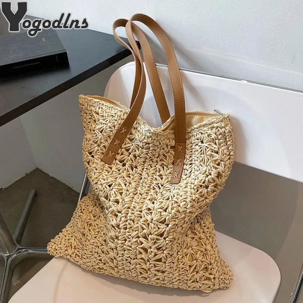 Sommarmode Halmvävda underarmsaxelväskor för kvinnor Casual Stor kapacitet Bohemian Beach Kvinnlig Shopping Handväska Toes khaki AddRibbon 38x2x30cm