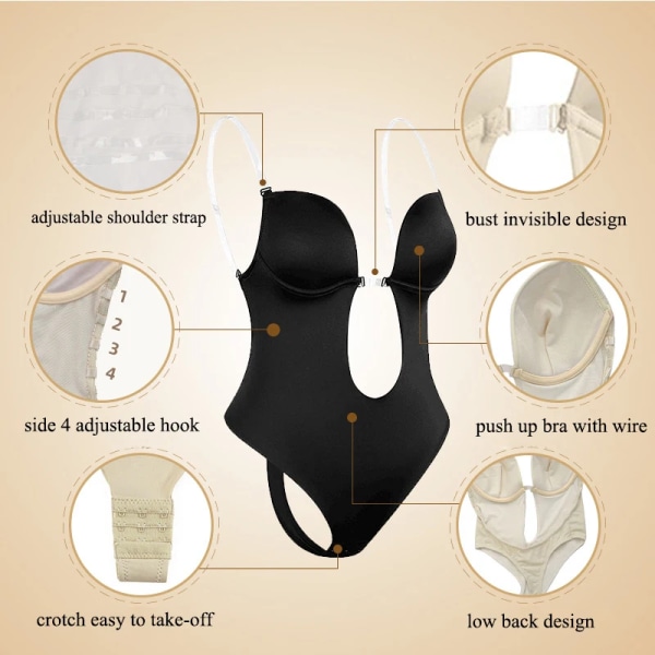 Invisible Vadderad BH Body Shaper Sexig Body Korsett Rygglös Djup V-ringad U Dopp Thong Waist Trainer Push Up Gördel Shapewear charming brown L (36)