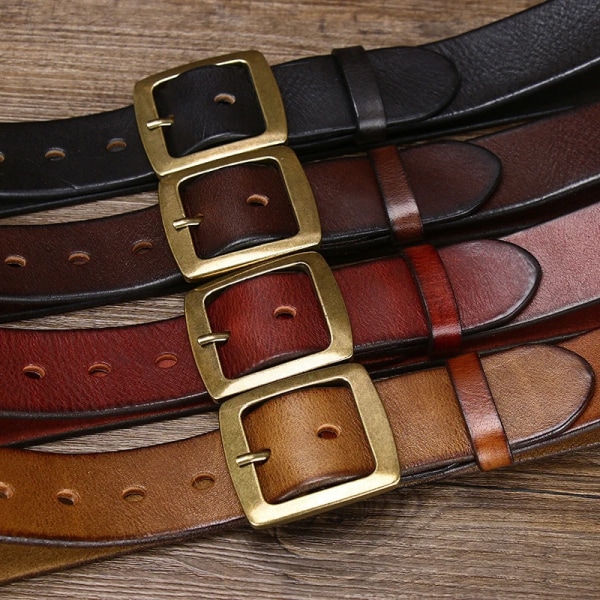 3,8 cm bredd tjock retro kohud bälte i äkta läder för män Massiv mässing kopparnål Spänne bälten herrrem för jeans Khaki 110cm