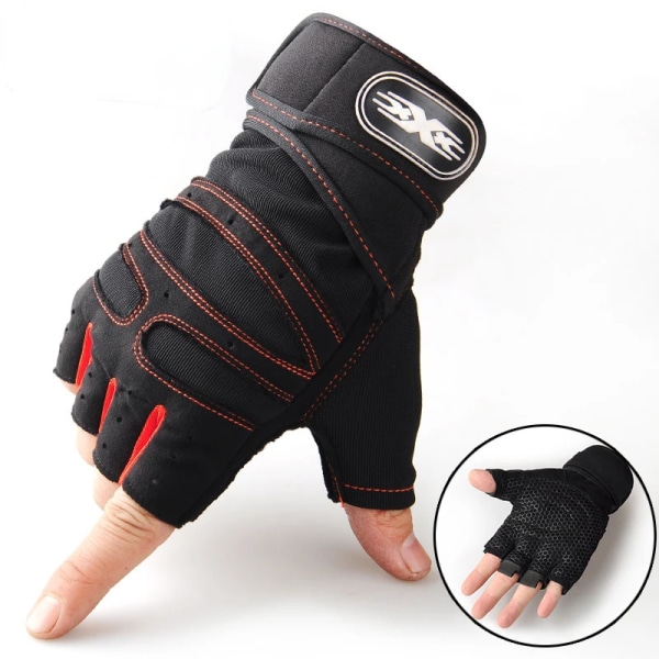 Herr Gym Handskar Tyngdlyftning Bodybuilding Träning Fitness Fingerlösa handskar Halvfinger Cykelhandskar Halkfritt handledsstöd Black Red XL