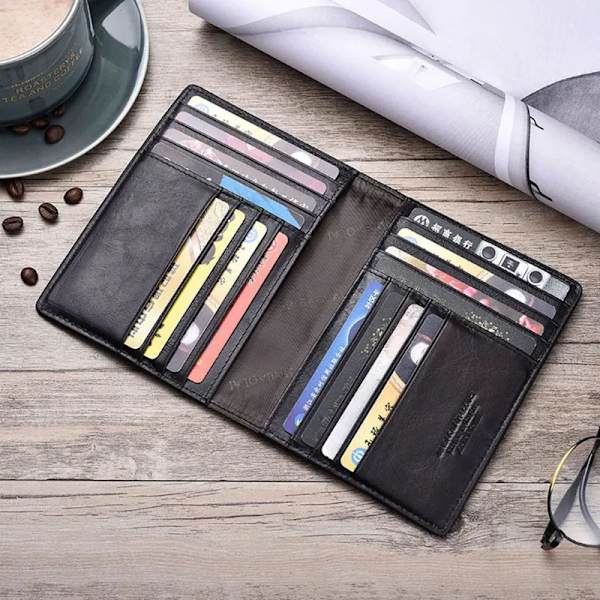 THINKTHENDO Retro Äkta Läder Kohud Resepass ID- cover Hållare Case Skydd Organizer Plånbok Svart Färg BK1