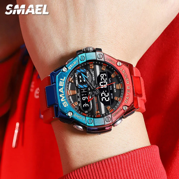 SMAEL Dual Time Röd Digital Watch Herr Militär Sport Chronograph Quartz Elektroniskt Armbandsur med Date Week Vattentät 8066 Blue Purple-Box