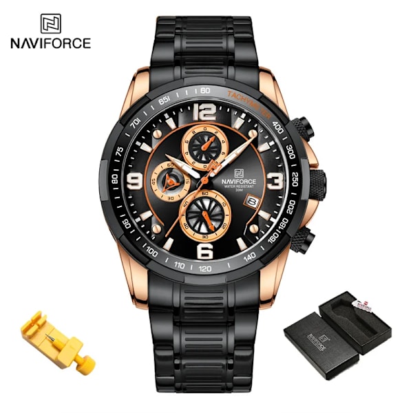 NAVIFORCE Temperament Herr Lyx Mode Design Guld Herr Klockor Multifunktion Luminous Quartz Armbandsur för män Relogio Masculino RGB-BOX