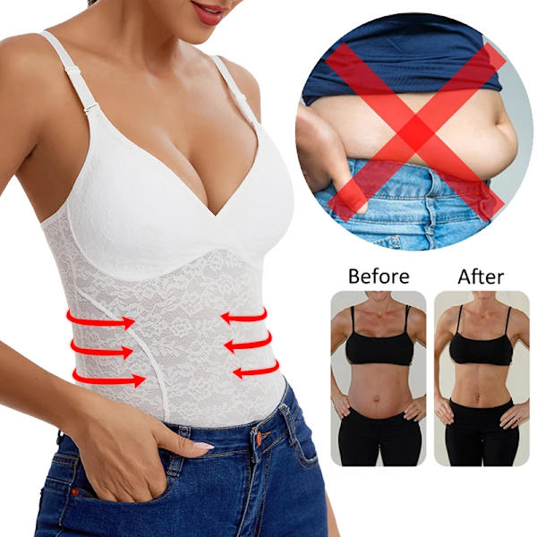 Bodysuit med spets för kvinnor Magkontroll Camisole Shapewear Ärmlös topp Fajas Colombianas V-ringad Backless Jumpsuit Full Body Shaper White M