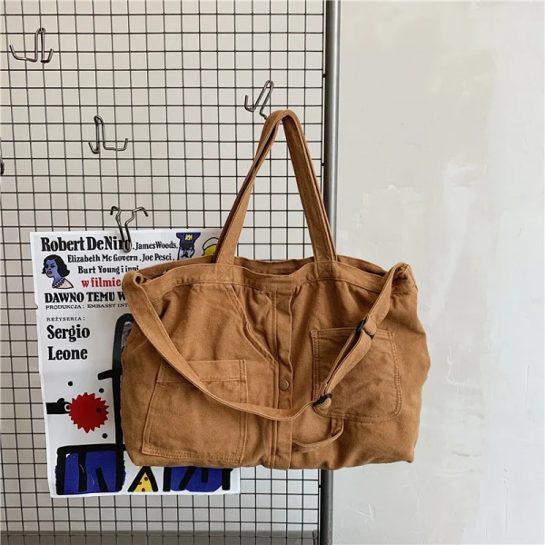 Axelväskor i canvas med stor kapacitet Solid mjuk denim Fritids- eller resväska för kvinnor Mode Fatchels Vinterpaket Brown 2 Large Capacity Bag
