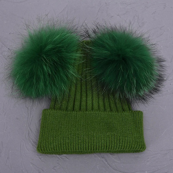Dubbel Pompom-mössa för kvinnor, vintermössor, stickade mössor, mössor, beanies, flickor, två pompom-mössa Green match fur