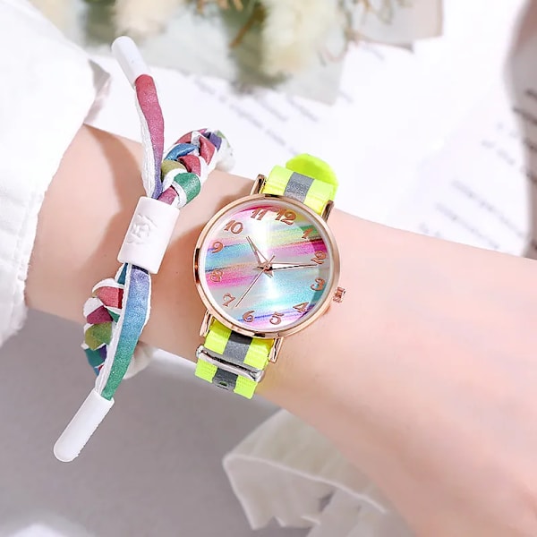 Mode regnbågsfärg watch Nylon Färgglad armbandsur för damer Casual Quartz kvinnlig klocka Studenternas presentreloj Yellow