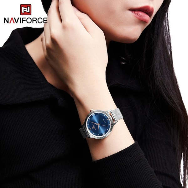 NAVIFORCE modeklockor för kvinnor högkvalitativ kvarts damklocka Mesh rostfritt stål Sliver blå vattentät damarmband SBE-BOX